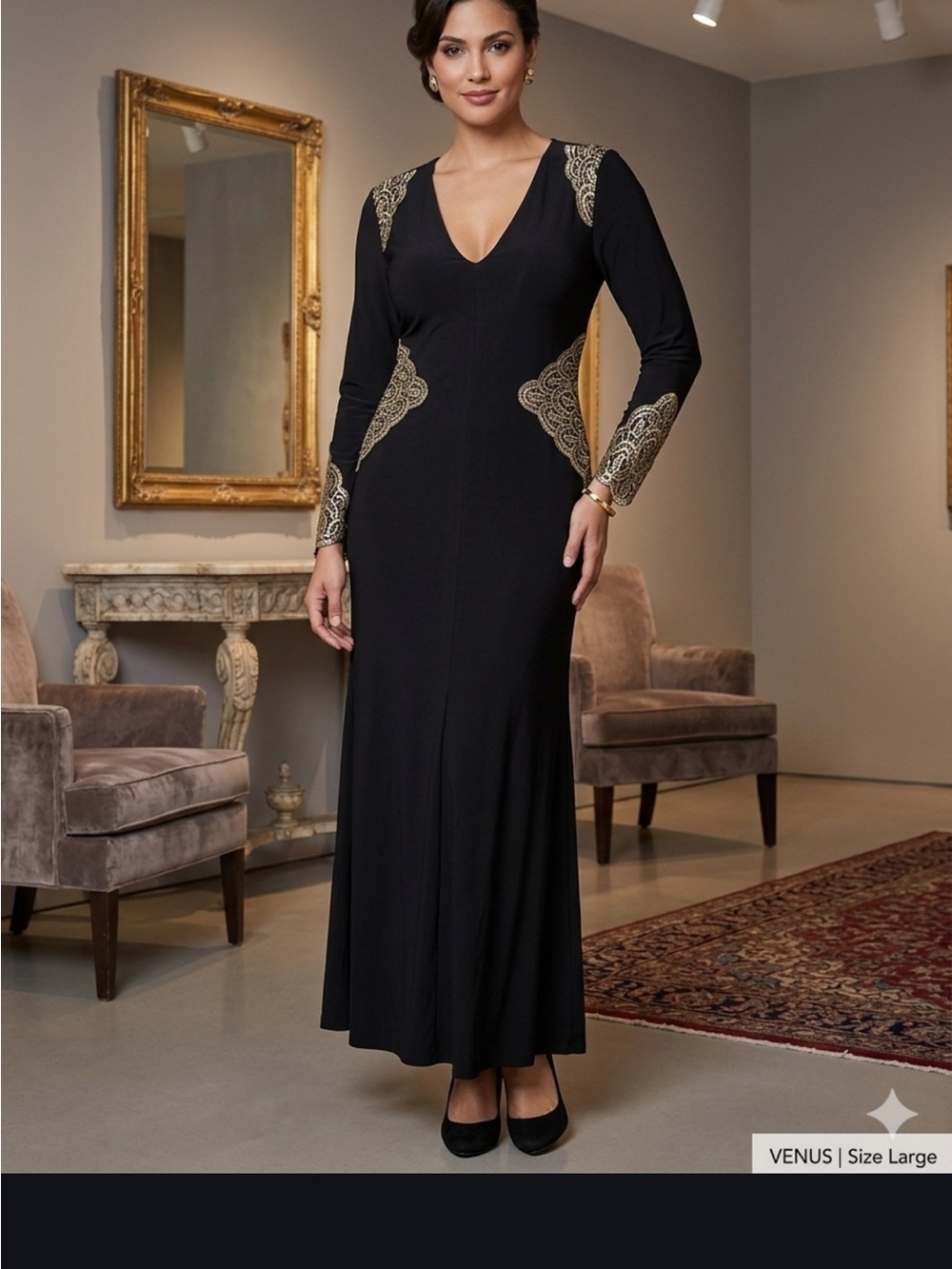 VENUS Black Long-Sleeve V-Neck Gown with Gold Embroidery